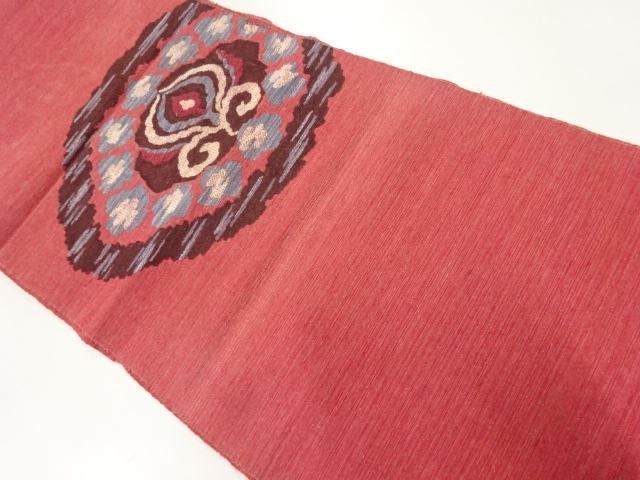 アンティーク　手織り紬抽象花模様織出し名古屋帯